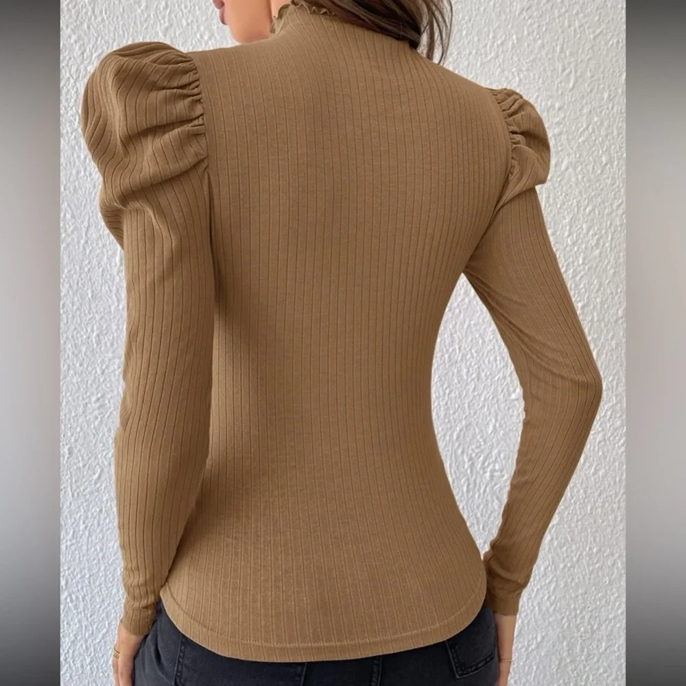 Luxe khaki button detail gigot sleeve business casual top